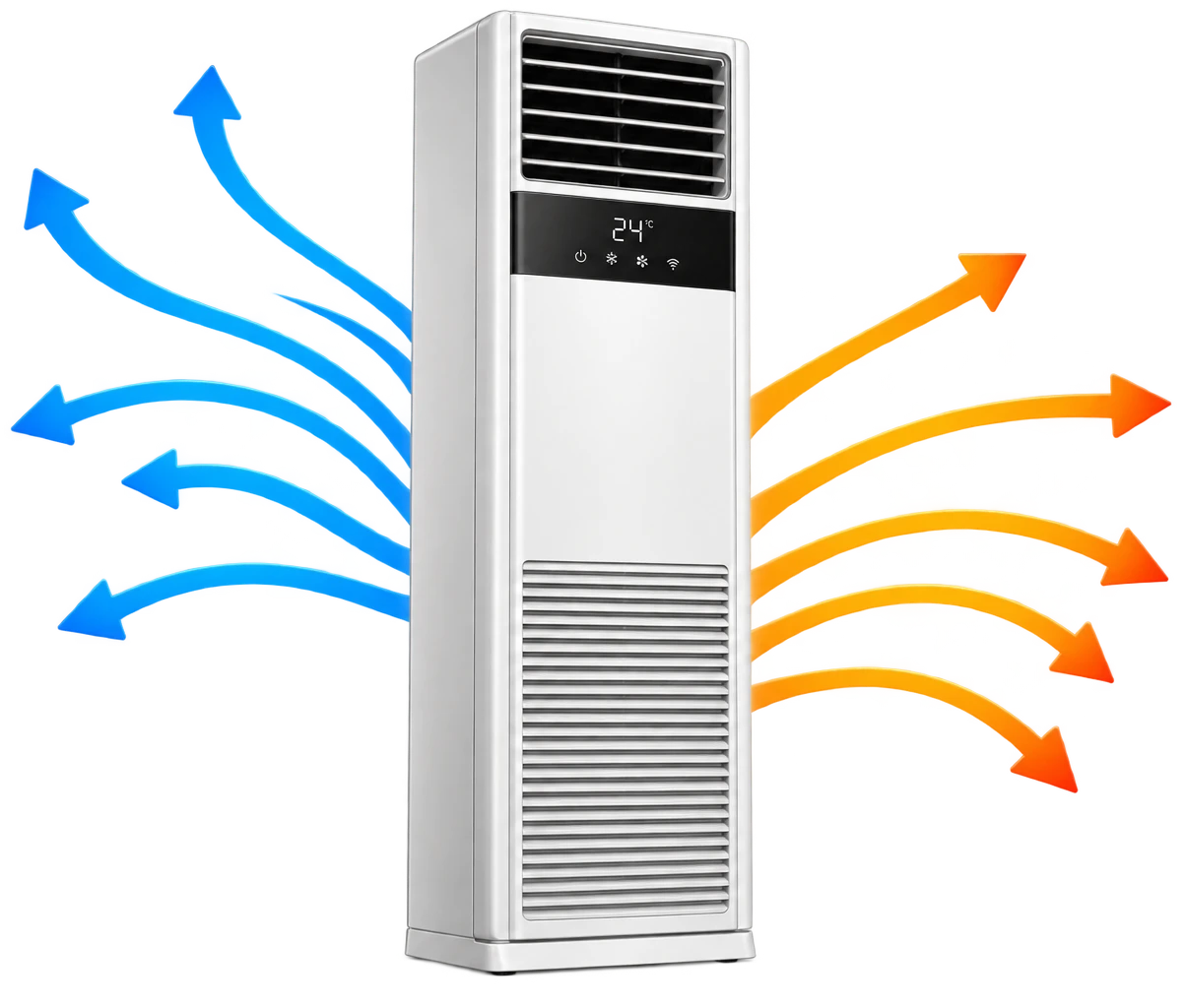 Floor-standing tower AC with cool and warm airflow — ShantiKrupa HVAC Surat