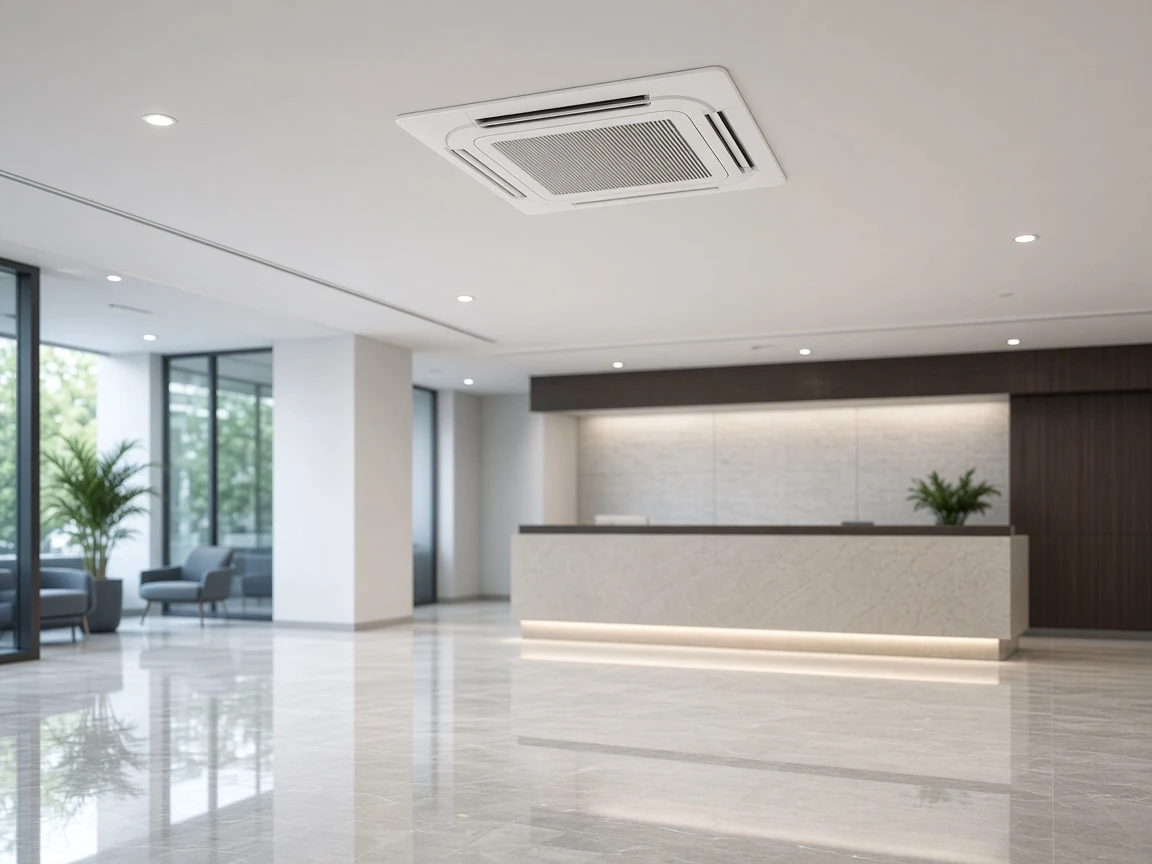 Cassette AC grille in a finished office lobby ceiling