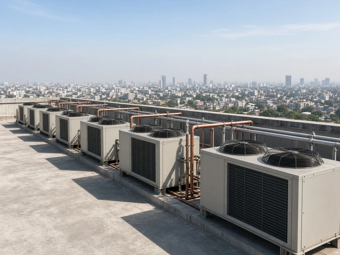 Row of commercial rooftop AC outdoor units on a Surat terrace