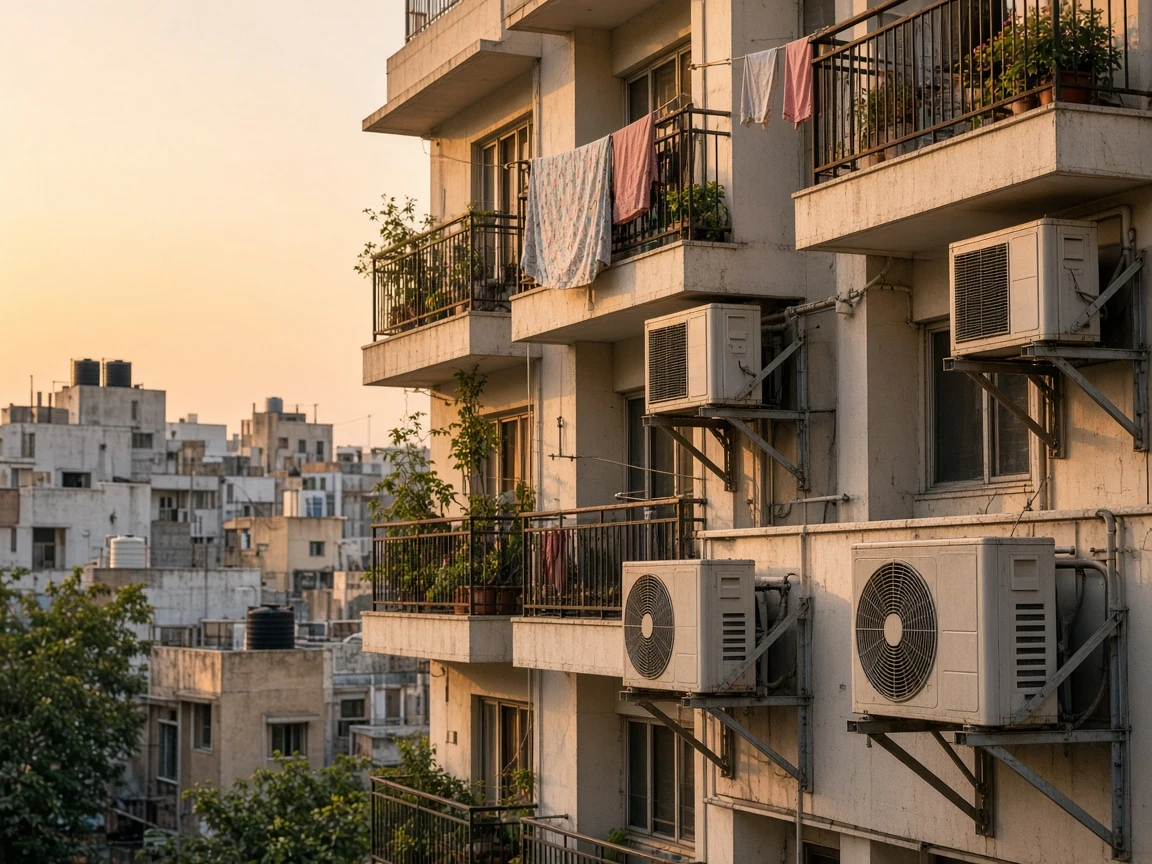 Outdoor AC condensers on apartment balconies at golden hour