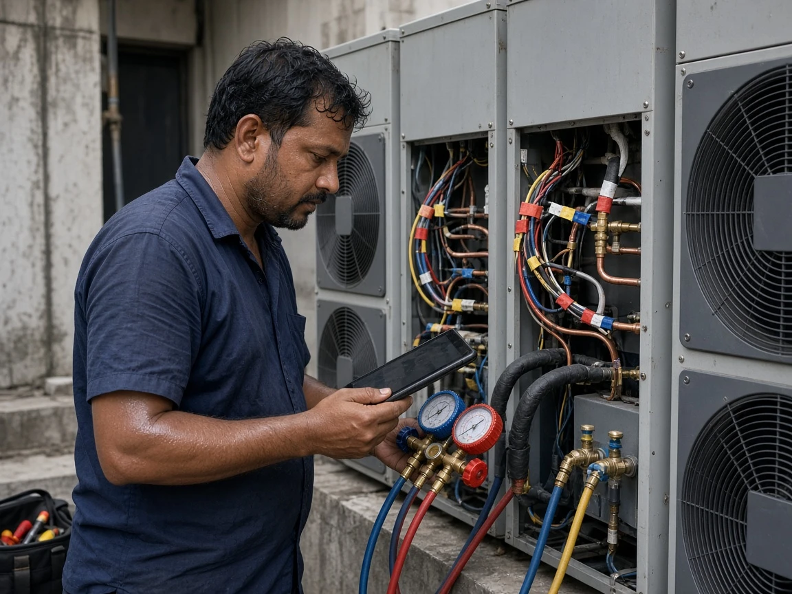 Technician commissioning a VRF outdoor unit with gauges