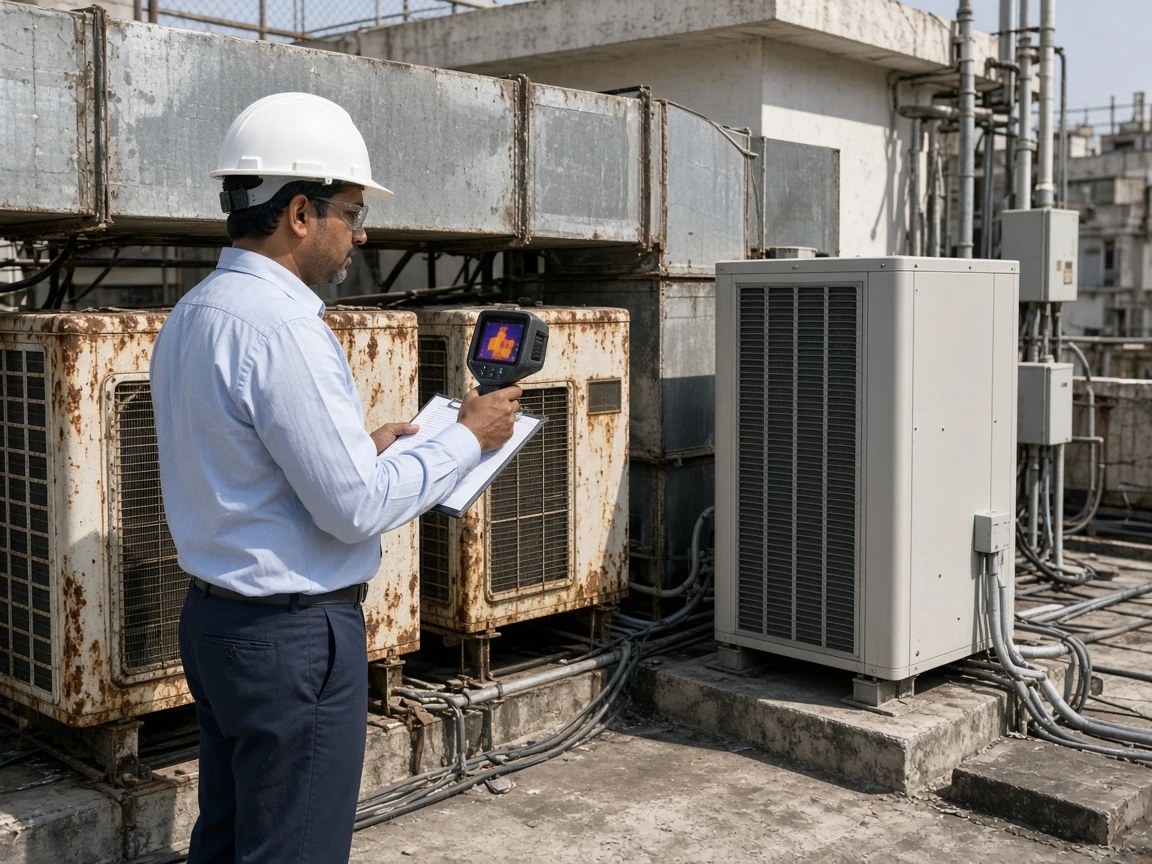 Energy auditor inspecting rooftop condensers for retrofit planning