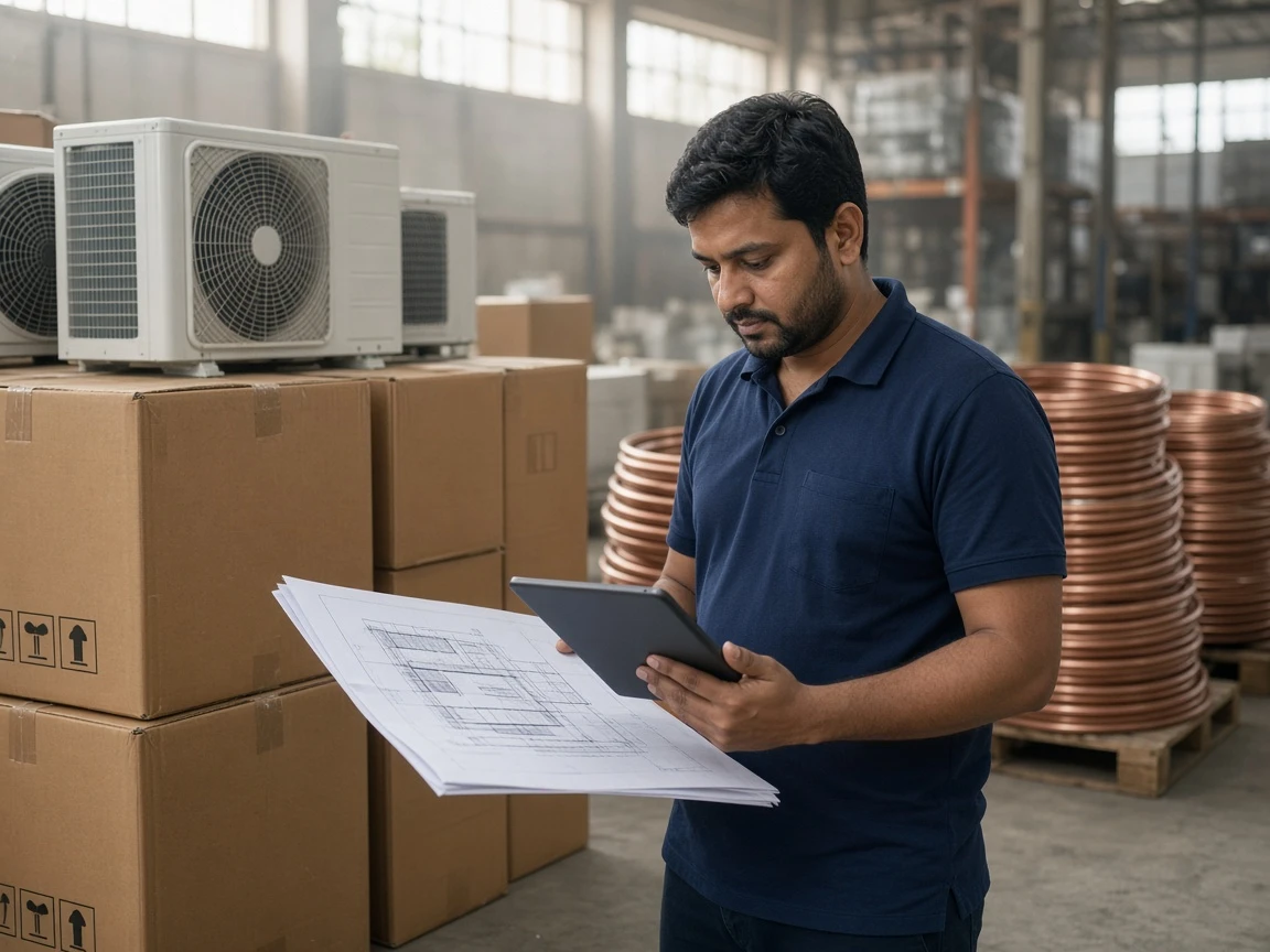 HVAC engineer reviewing plans beside new AC outdoor units ready for supply