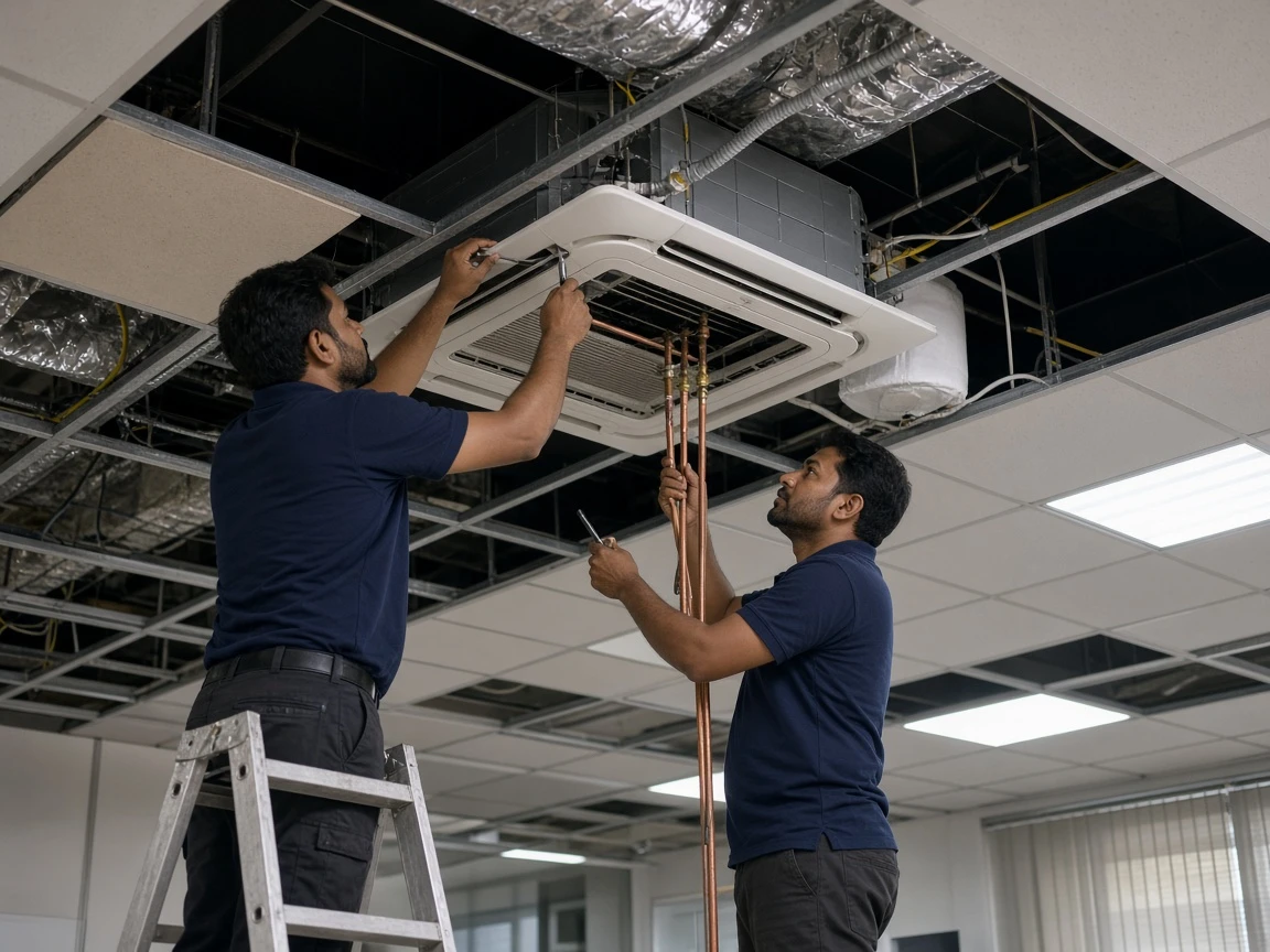 Technicians installing a cassette AC unit in a commercial ceiling