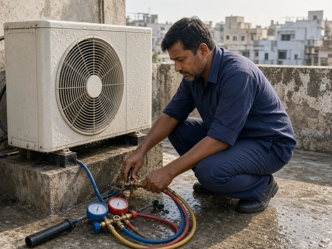 Technician servicing a residential outdoor AC condenser on a terrace